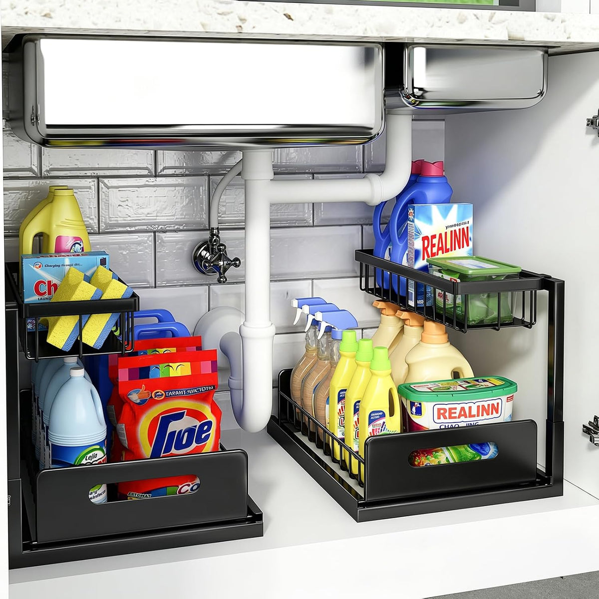 Under Sink Organizer, L-Shaped Pull Out Cabinet Organizer, Kitchen | 2 Tier Metal Slide Out Shelf for Kitchen, Bathroom, Laundry, and Utility Cabinet Storage for Deep Cabinets, Black