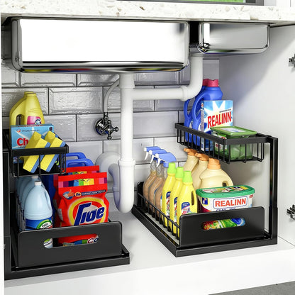 Under Sink Organizer, L-Shaped Pull Out Cabinet Organizer, Kitchen | 2 Tier Metal Slide Out Shelf for Kitchen, Bathroom, Laundry, and Utility Cabinet Storage for Deep Cabinets, Black