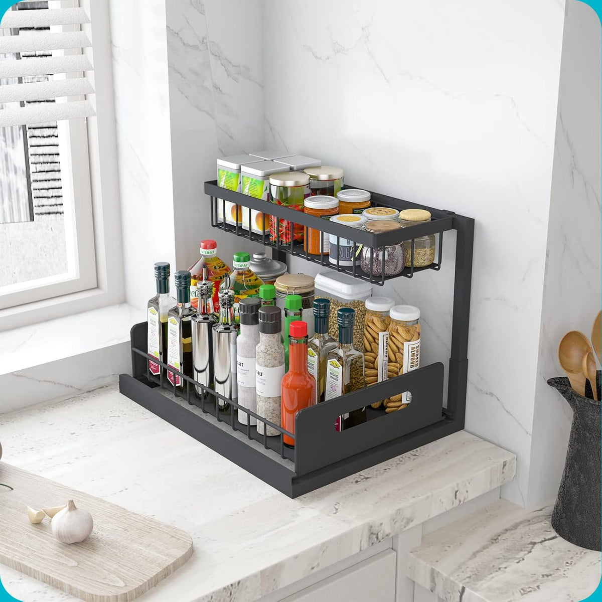 Under Sink Organizer, L-Shaped Pull Out Cabinet Organizer, Kitchen | 2 Tier Metal Slide Out Shelf for Kitchen, Bathroom, Laundry, and Utility Cabinet Storage for Deep Cabinets, Black