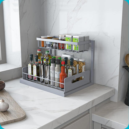 Under Sink Organizer, L-Shaped Pull Out Cabinet Organizer, Kitchen | 2 Tier Metal Slide Out Shelf for Kitchen, Bathroom, Laundry, and Utility Cabinet Storage for Deep Cabinets, Black