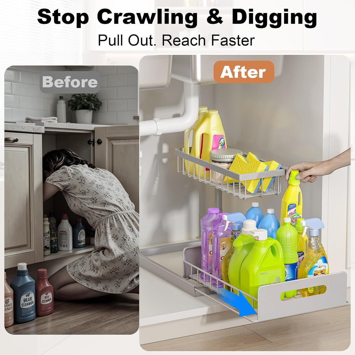 Under Sink Organizer, L-Shaped Pull Out Cabinet Organizer, Kitchen | 2 Tier Metal Slide Out Shelf for Kitchen, Bathroom, Laundry, and Utility Cabinet Storage for Deep Cabinets, Black