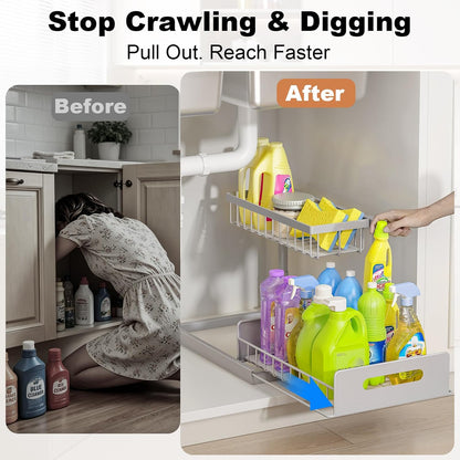 Under Sink Organizer, L-Shaped Pull Out Cabinet Organizer, Kitchen | 2 Tier Metal Slide Out Shelf for Kitchen, Bathroom, Laundry, and Utility Cabinet Storage for Deep Cabinets, Black