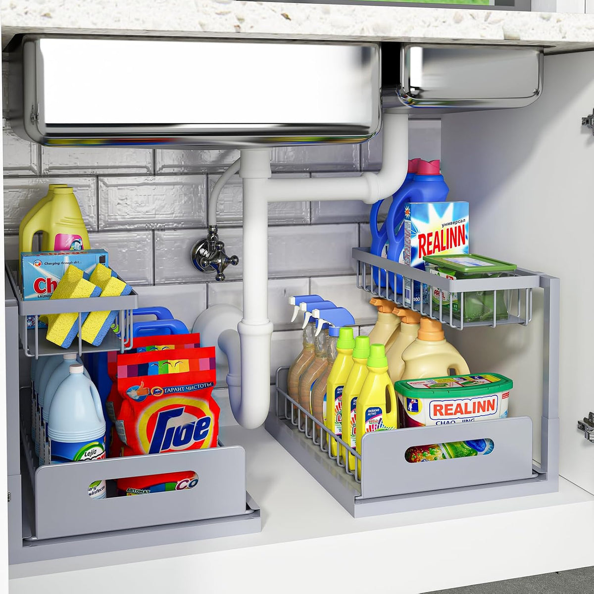 Under Sink Organizer, L-Shaped Pull Out Cabinet Organizer, Kitchen | 2 Tier Metal Slide Out Shelf for Kitchen, Bathroom, Laundry, and Utility Cabinet Storage for Deep Cabinets, Black