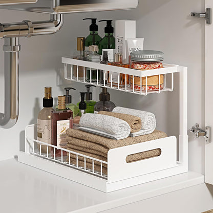 Under Sink Organizer, L-Shaped Pull Out Cabinet Organizer, Kitchen | 2 Tier Metal Slide Out Shelf for Kitchen, Bathroom, Laundry, and Utility Cabinet Storage for Deep Cabinets, Black