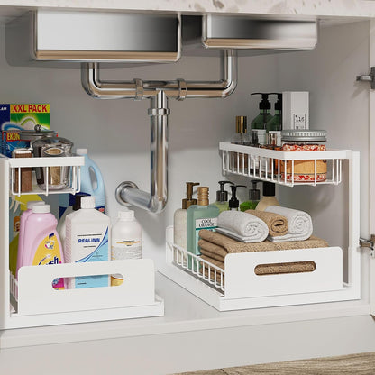 Under Sink Organizer, L-Shaped Pull Out Cabinet Organizer, Kitchen | 2 Tier Metal Slide Out Shelf for Kitchen, Bathroom, Laundry, and Utility Cabinet Storage for Deep Cabinets, Black