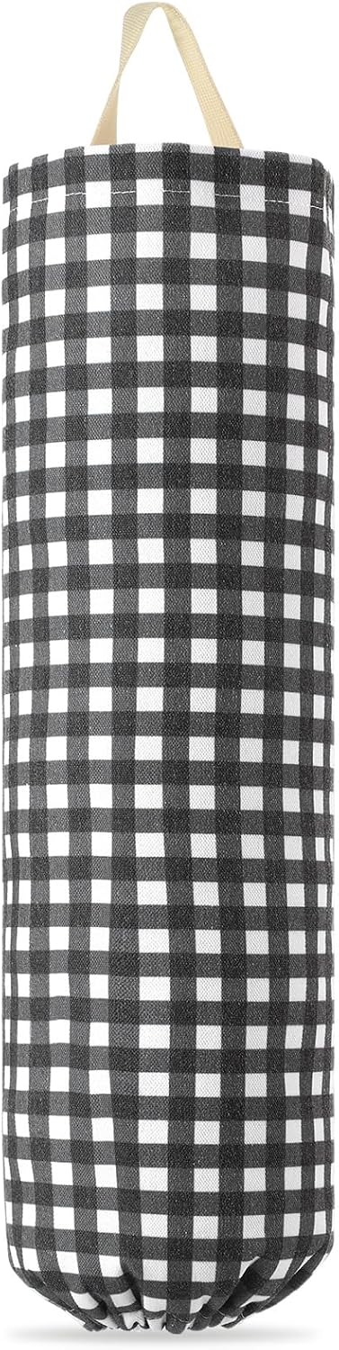 Gingham Plastic Bag Holder, Wall Mount Grocery Bag Storage Organizer, Hanging Buffalo Check Plaid Trash Bags Dispenser for Farmhouse Home Kitchen Pantry Laundry Room Decor(Milkshake Tan)