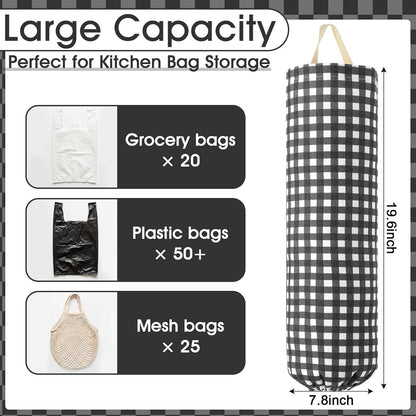 Gingham Plastic Bag Holder, Wall Mount Grocery Bag Storage Organizer, Hanging Buffalo Check Plaid Trash Bags Dispenser for Farmhouse Home Kitchen Pantry Laundry Room Decor(Milkshake Tan)