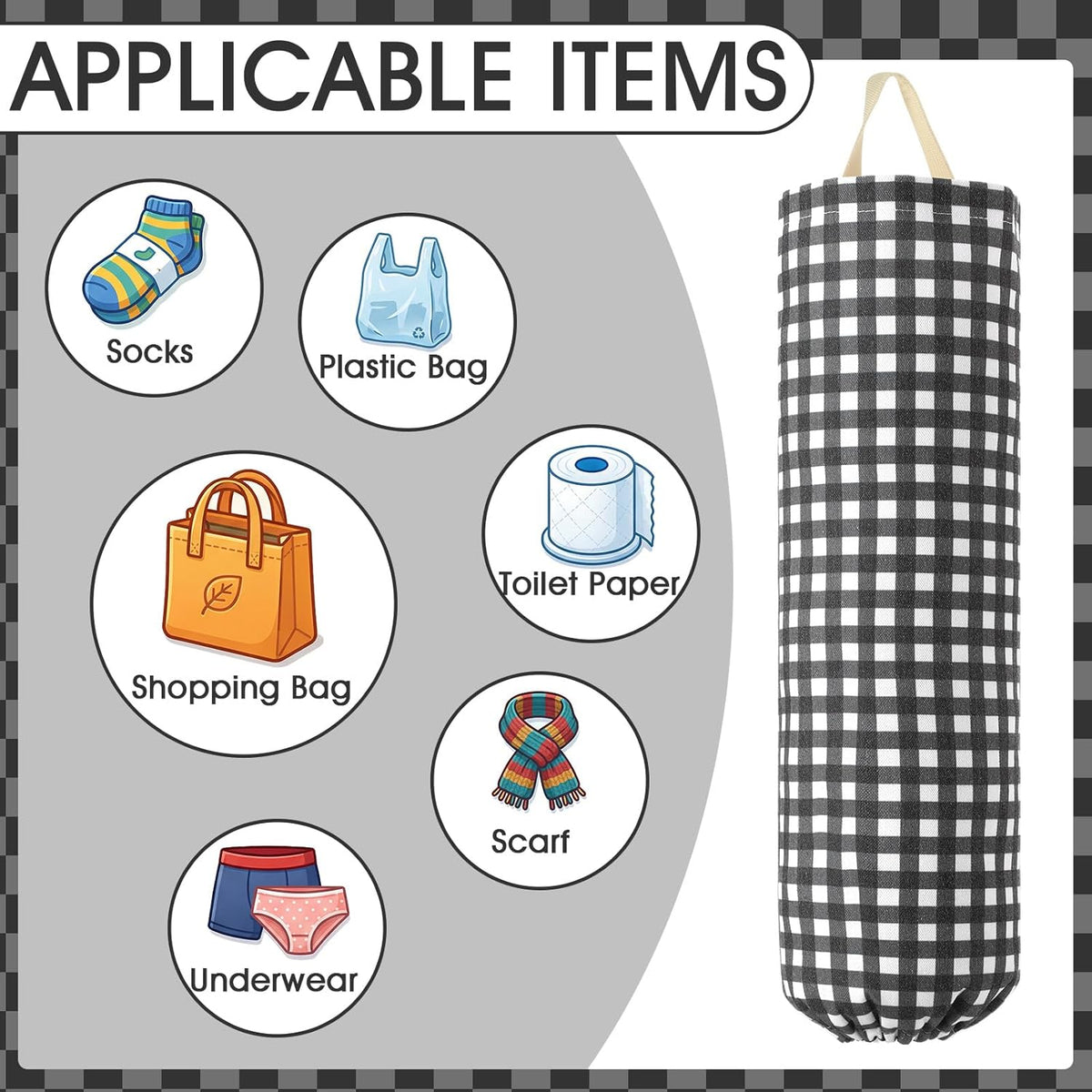 Gingham Plastic Bag Holder, Wall Mount Grocery Bag Storage Organizer, Hanging Buffalo Check Plaid Trash Bags Dispenser for Farmhouse Home Kitchen Pantry Laundry Room Decor(Milkshake Tan)