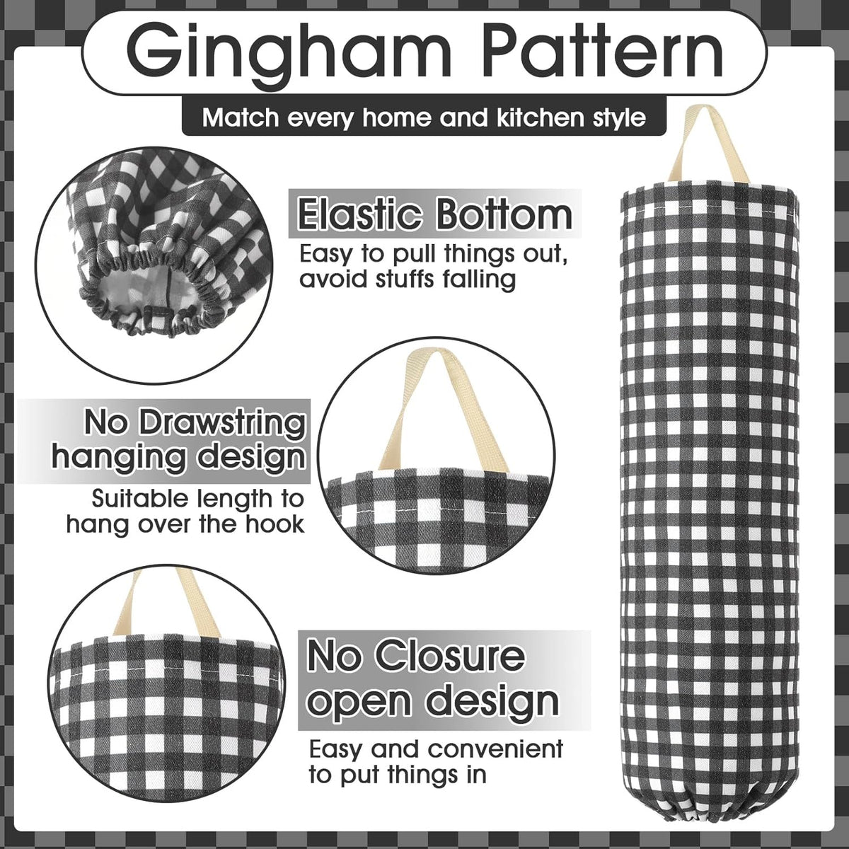 Gingham Plastic Bag Holder, Wall Mount Grocery Bag Storage Organizer, Hanging Buffalo Check Plaid Trash Bags Dispenser for Farmhouse Home Kitchen Pantry Laundry Room Decor(Milkshake Tan)