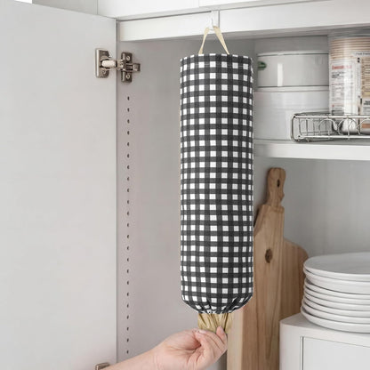 Gingham Plastic Bag Holder, Wall Mount Grocery Bag Storage Organizer, Hanging Buffalo Check Plaid Trash Bags Dispenser for Farmhouse Home Kitchen Pantry Laundry Room Decor(Milkshake Tan)
