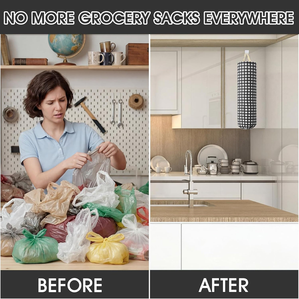 Gingham Plastic Bag Holder, Wall Mount Grocery Bag Storage Organizer, Hanging Buffalo Check Plaid Trash Bags Dispenser for Farmhouse Home Kitchen Pantry Laundry Room Decor(Milkshake Tan)