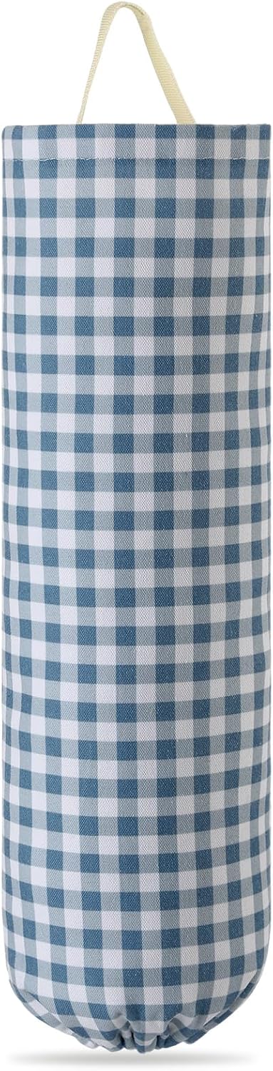 Gingham Plastic Bag Holder, Wall Mount Grocery Bag Storage Organizer, Hanging Buffalo Check Plaid Trash Bags Dispenser for Farmhouse Home Kitchen Pantry Laundry Room Decor(Milkshake Tan)