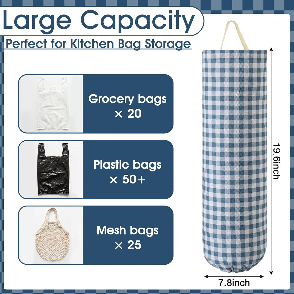 Gingham Plastic Bag Holder, Wall Mount Grocery Bag Storage Organizer, Hanging Buffalo Check Plaid Trash Bags Dispenser for Farmhouse Home Kitchen Pantry Laundry Room Decor(Milkshake Tan)