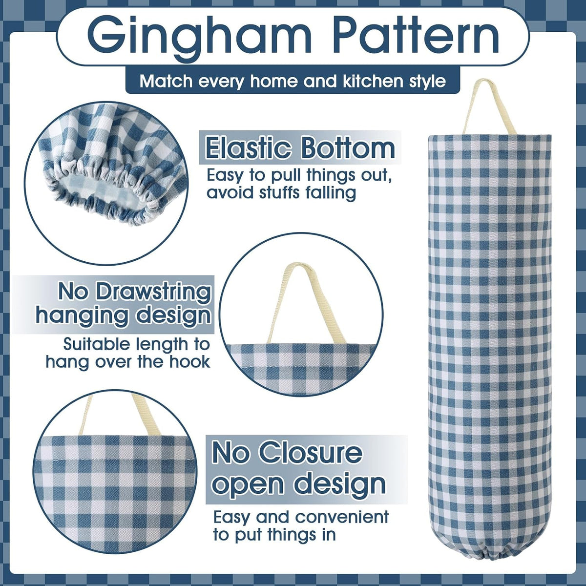 Gingham Plastic Bag Holder, Wall Mount Grocery Bag Storage Organizer, Hanging Buffalo Check Plaid Trash Bags Dispenser for Farmhouse Home Kitchen Pantry Laundry Room Decor(Milkshake Tan)