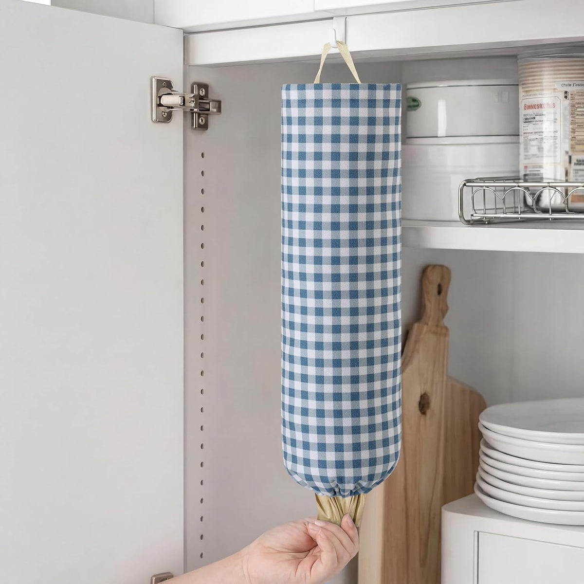 Gingham Plastic Bag Holder, Wall Mount Grocery Bag Storage Organizer, Hanging Buffalo Check Plaid Trash Bags Dispenser for Farmhouse Home Kitchen Pantry Laundry Room Decor(Milkshake Tan)