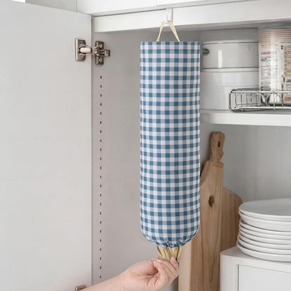 Gingham Plastic Bag Holder, Wall Mount Grocery Bag Storage Organizer, Hanging Buffalo Check Plaid Trash Bags Dispenser for Farmhouse Home Kitchen Pantry Laundry Room Decor(Milkshake Tan)