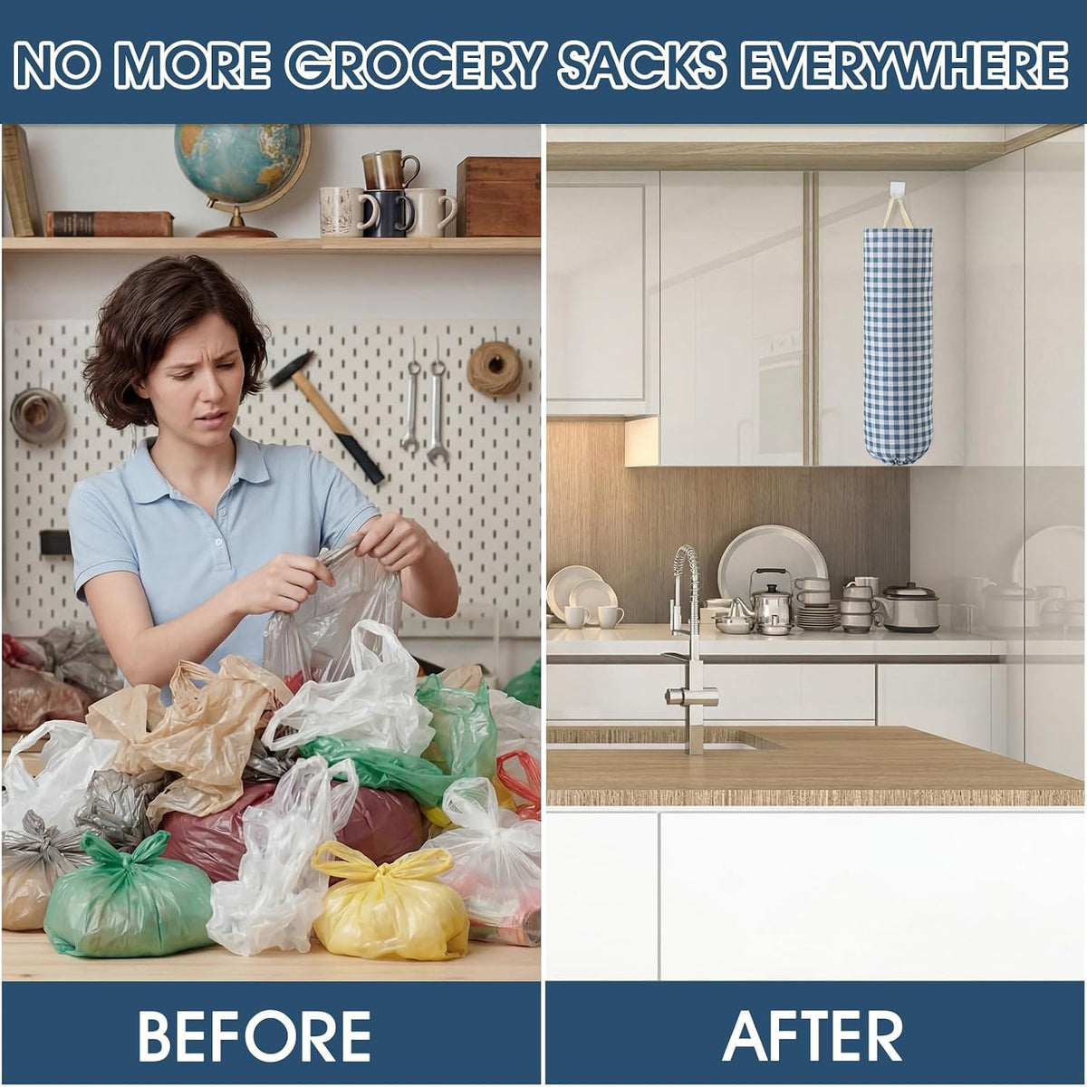 Gingham Plastic Bag Holder, Wall Mount Grocery Bag Storage Organizer, Hanging Buffalo Check Plaid Trash Bags Dispenser for Farmhouse Home Kitchen Pantry Laundry Room Decor(Milkshake Tan)