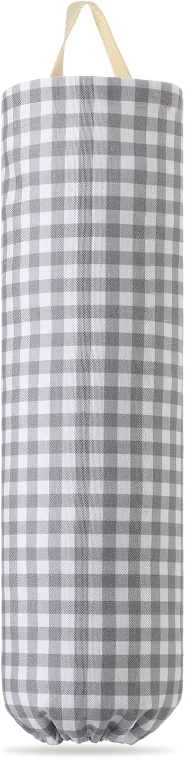 Gingham Plastic Bag Holder, Wall Mount Grocery Bag Storage Organizer, Hanging Buffalo Check Plaid Trash Bags Dispenser for Farmhouse Home Kitchen Pantry Laundry Room Decor(Milkshake Tan)
