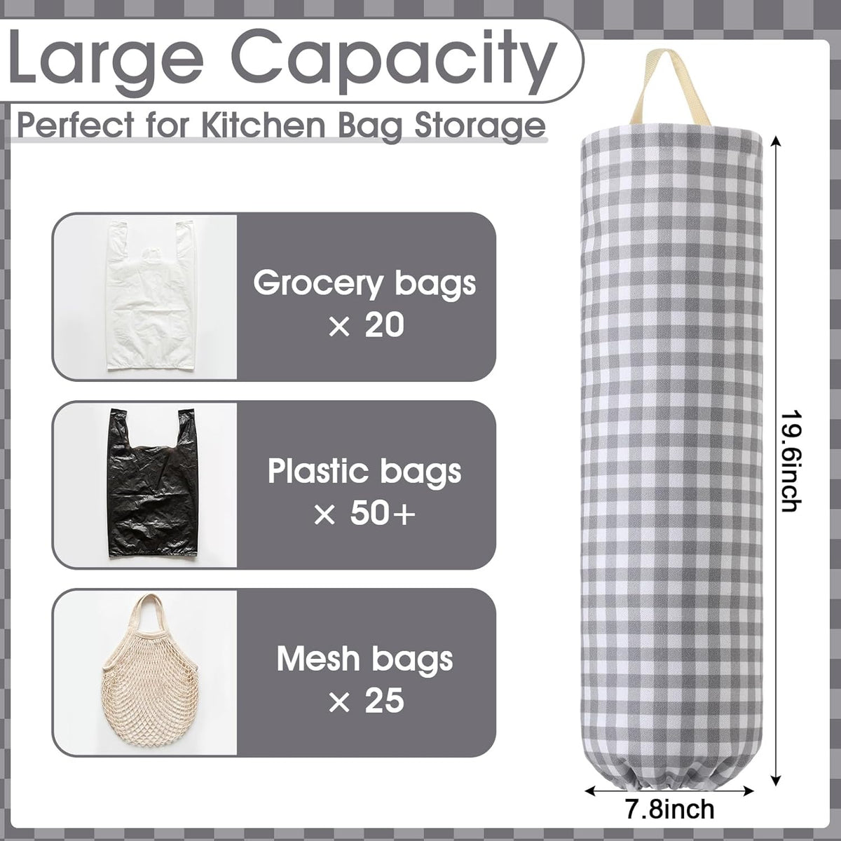 Gingham Plastic Bag Holder, Wall Mount Grocery Bag Storage Organizer, Hanging Buffalo Check Plaid Trash Bags Dispenser for Farmhouse Home Kitchen Pantry Laundry Room Decor(Milkshake Tan)