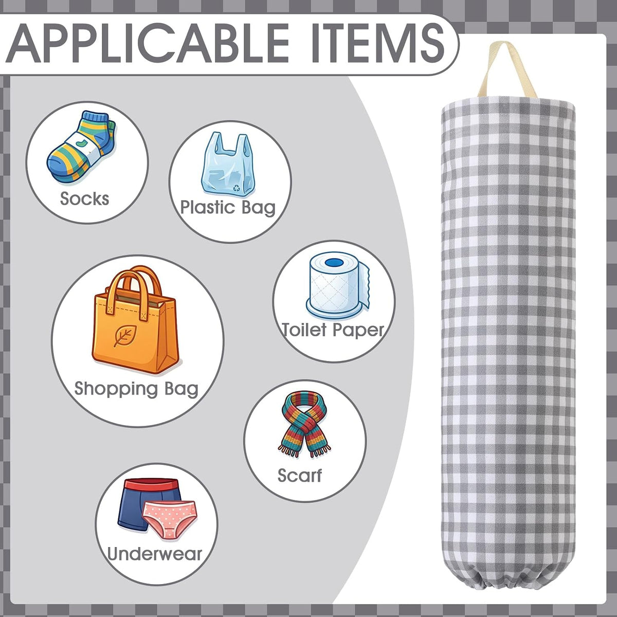 Gingham Plastic Bag Holder, Wall Mount Grocery Bag Storage Organizer, Hanging Buffalo Check Plaid Trash Bags Dispenser for Farmhouse Home Kitchen Pantry Laundry Room Decor(Milkshake Tan)