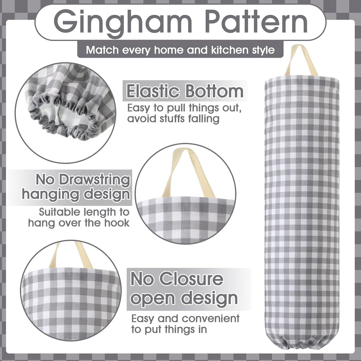 Gingham Plastic Bag Holder, Wall Mount Grocery Bag Storage Organizer, Hanging Buffalo Check Plaid Trash Bags Dispenser for Farmhouse Home Kitchen Pantry Laundry Room Decor(Milkshake Tan)