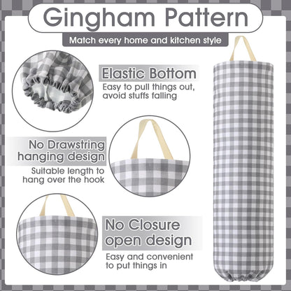 Gingham Plastic Bag Holder, Wall Mount Grocery Bag Storage Organizer, Hanging Buffalo Check Plaid Trash Bags Dispenser for Farmhouse Home Kitchen Pantry Laundry Room Decor(Milkshake Tan)