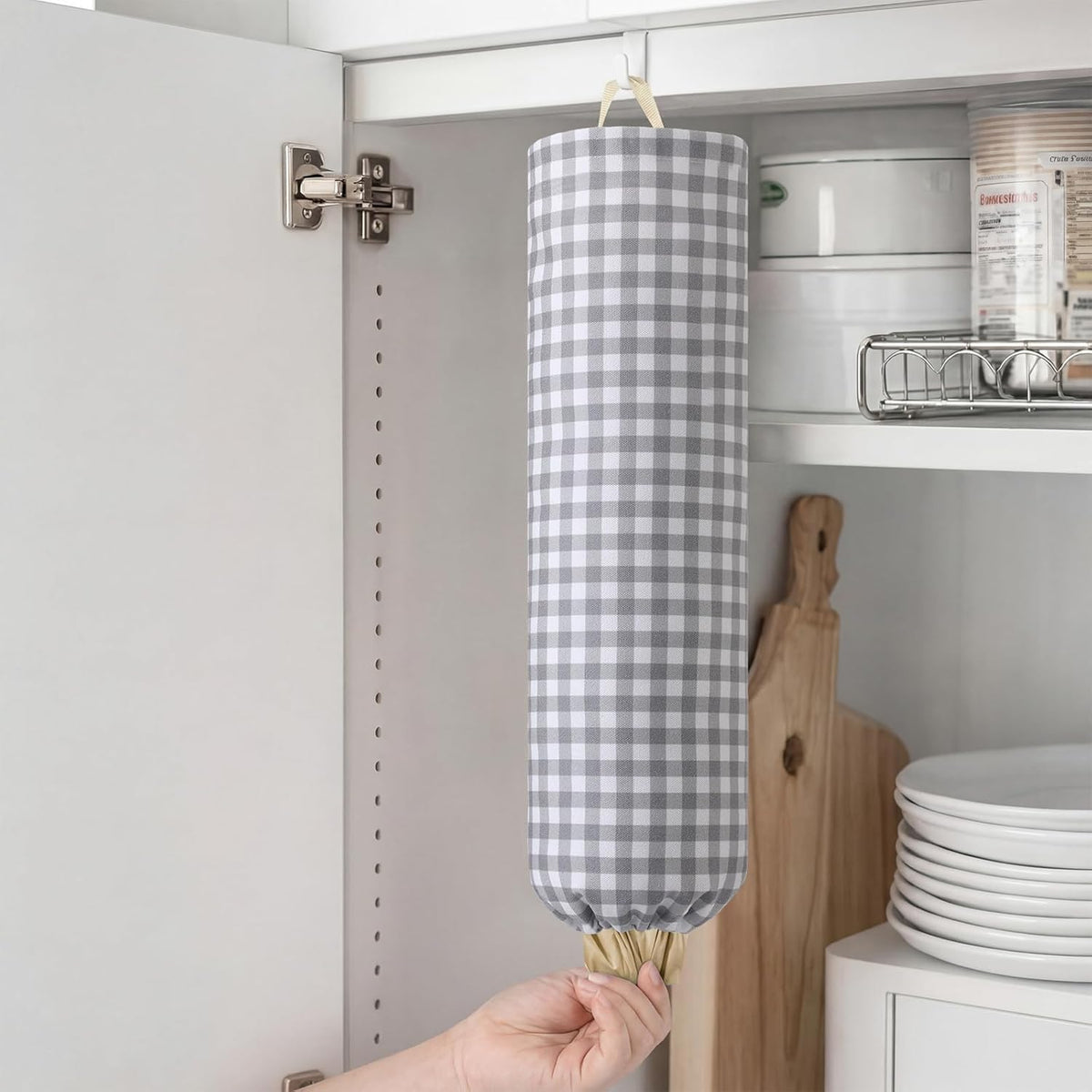 Gingham Plastic Bag Holder, Wall Mount Grocery Bag Storage Organizer, Hanging Buffalo Check Plaid Trash Bags Dispenser for Farmhouse Home Kitchen Pantry Laundry Room Decor(Milkshake Tan)
