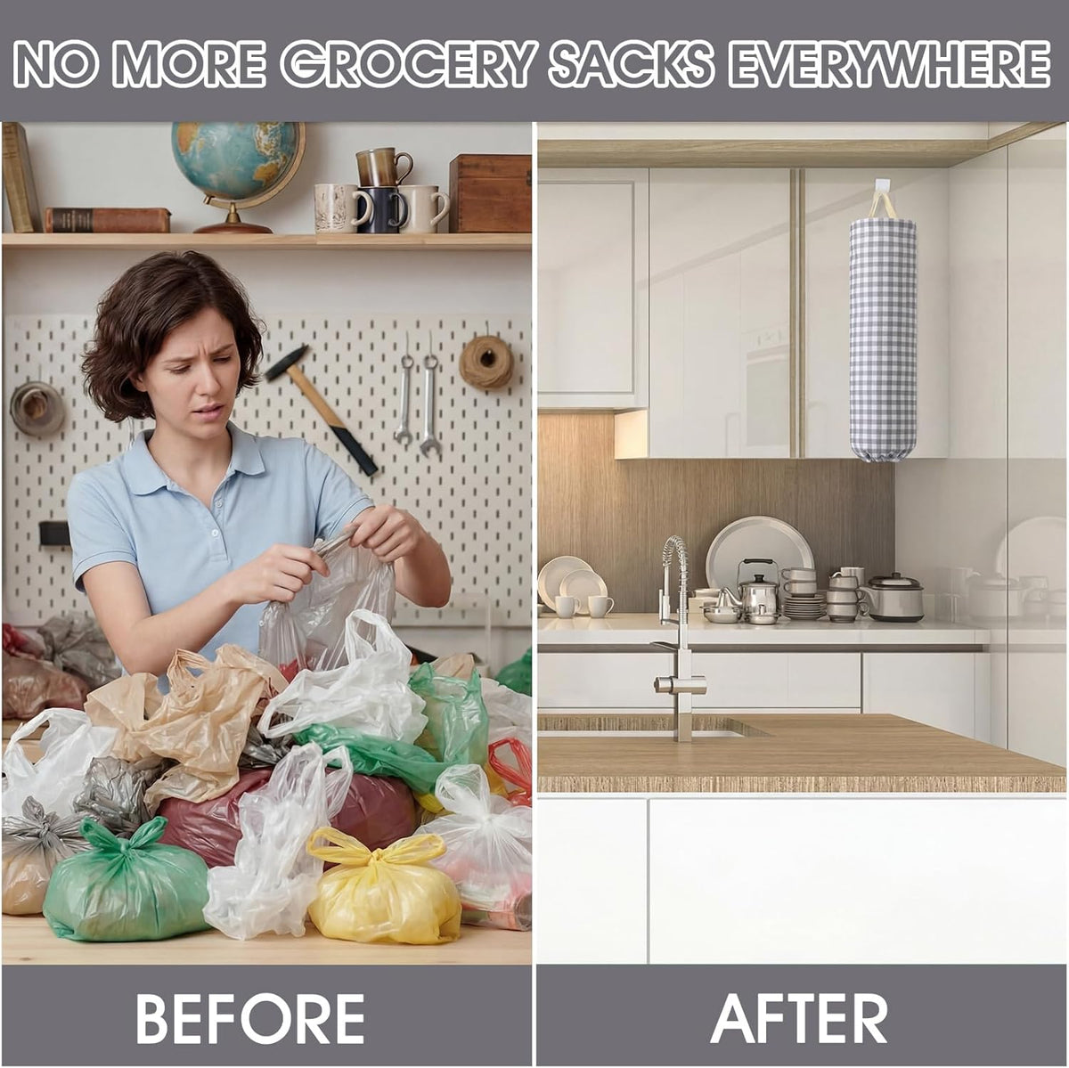 Gingham Plastic Bag Holder, Wall Mount Grocery Bag Storage Organizer, Hanging Buffalo Check Plaid Trash Bags Dispenser for Farmhouse Home Kitchen Pantry Laundry Room Decor(Milkshake Tan)