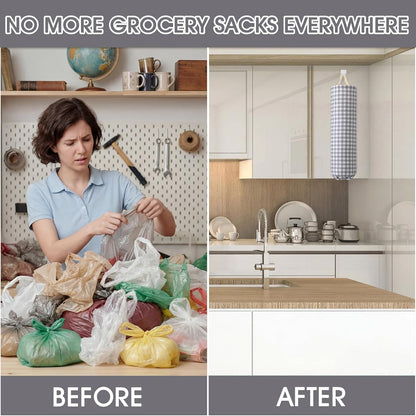 Gingham Plastic Bag Holder, Wall Mount Grocery Bag Storage Organizer, Hanging Buffalo Check Plaid Trash Bags Dispenser for Farmhouse Home Kitchen Pantry Laundry Room Decor(Milkshake Tan)