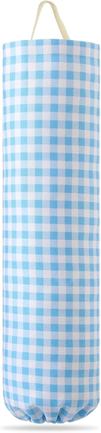 Gingham Plastic Bag Holder, Wall Mount Grocery Bag Storage Organizer, Hanging Buffalo Check Plaid Trash Bags Dispenser for Farmhouse Home Kitchen Pantry Laundry Room Decor(Milkshake Tan)