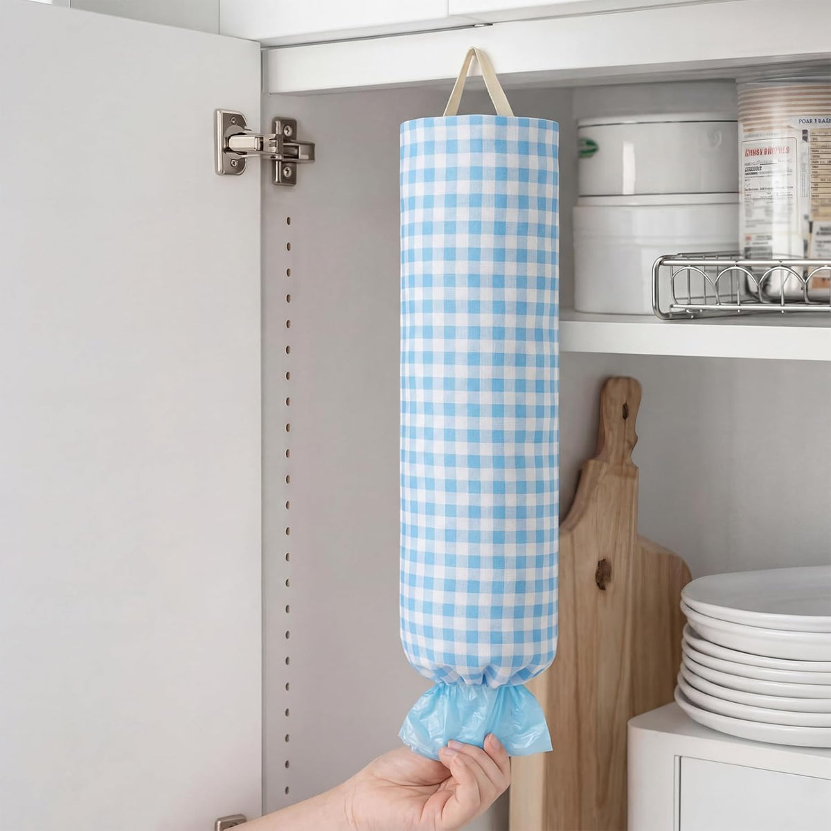 Gingham Plastic Bag Holder, Wall Mount Grocery Bag Storage Organizer, Hanging Buffalo Check Plaid Trash Bags Dispenser for Farmhouse Home Kitchen Pantry Laundry Room Decor(Milkshake Tan)
