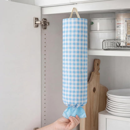 Gingham Plastic Bag Holder, Wall Mount Grocery Bag Storage Organizer, Hanging Buffalo Check Plaid Trash Bags Dispenser for Farmhouse Home Kitchen Pantry Laundry Room Decor(Milkshake Tan)