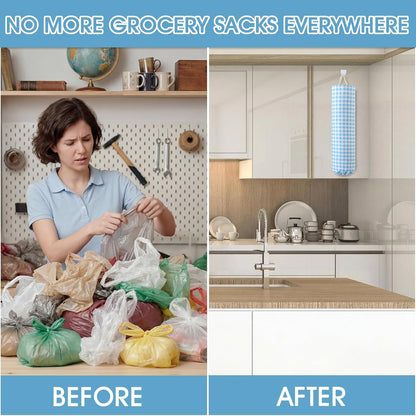 Gingham Plastic Bag Holder, Wall Mount Grocery Bag Storage Organizer, Hanging Buffalo Check Plaid Trash Bags Dispenser for Farmhouse Home Kitchen Pantry Laundry Room Decor(Milkshake Tan)