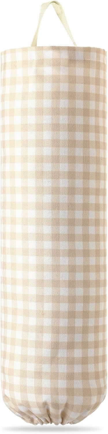 Gingham Plastic Bag Holder, Wall Mount Grocery Bag Storage Organizer, Hanging Buffalo Check Plaid Trash Bags Dispenser for Farmhouse Home Kitchen Pantry Laundry Room Decor(Milkshake Tan)