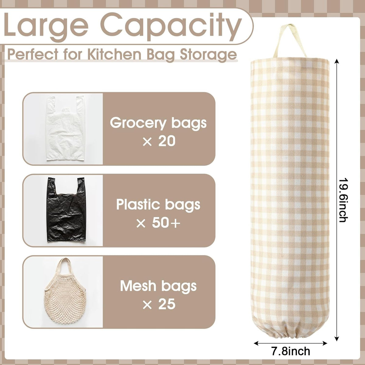 Gingham Plastic Bag Holder, Wall Mount Grocery Bag Storage Organizer, Hanging Buffalo Check Plaid Trash Bags Dispenser for Farmhouse Home Kitchen Pantry Laundry Room Decor(Milkshake Tan)