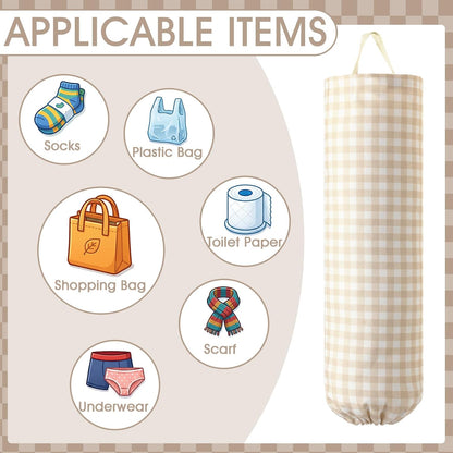 Gingham Plastic Bag Holder, Wall Mount Grocery Bag Storage Organizer, Hanging Buffalo Check Plaid Trash Bags Dispenser for Farmhouse Home Kitchen Pantry Laundry Room Decor(Milkshake Tan)