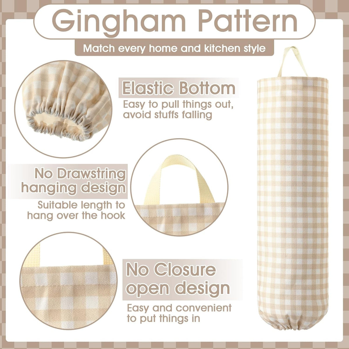 Gingham Plastic Bag Holder, Wall Mount Grocery Bag Storage Organizer, Hanging Buffalo Check Plaid Trash Bags Dispenser for Farmhouse Home Kitchen Pantry Laundry Room Decor(Milkshake Tan)