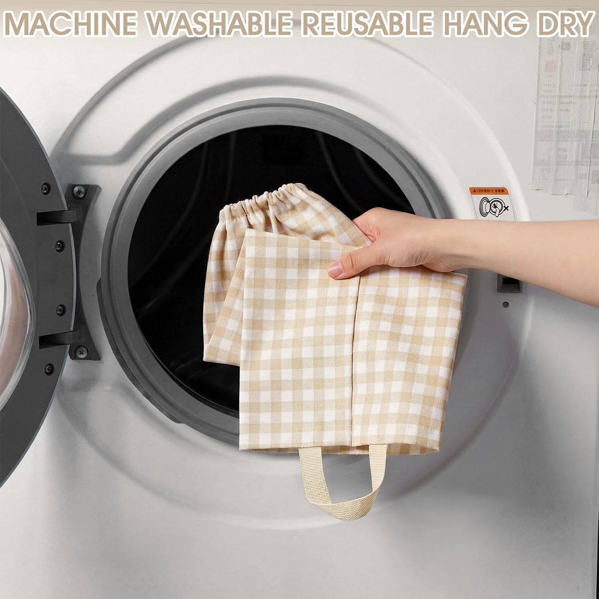 Gingham Plastic Bag Holder, Wall Mount Grocery Bag Storage Organizer, Hanging Buffalo Check Plaid Trash Bags Dispenser for Farmhouse Home Kitchen Pantry Laundry Room Decor(Milkshake Tan)