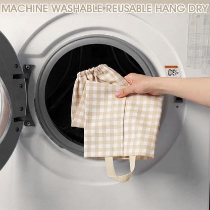 Gingham Plastic Bag Holder, Wall Mount Grocery Bag Storage Organizer, Hanging Buffalo Check Plaid Trash Bags Dispenser for Farmhouse Home Kitchen Pantry Laundry Room Decor(Milkshake Tan)