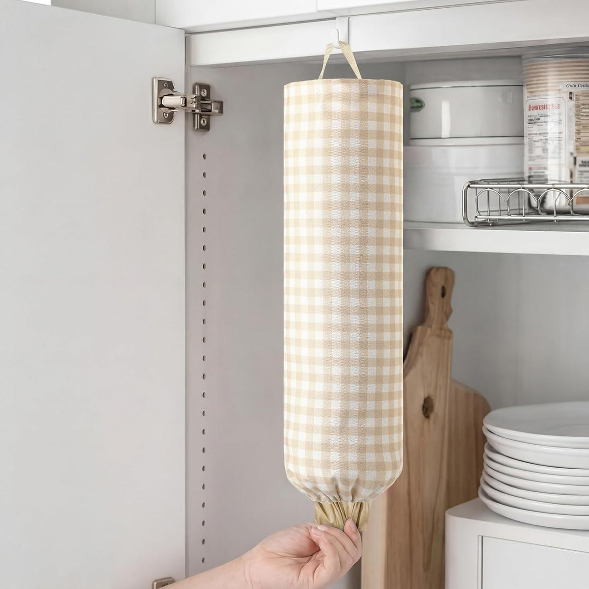 Gingham Plastic Bag Holder, Wall Mount Grocery Bag Storage Organizer, Hanging Buffalo Check Plaid Trash Bags Dispenser for Farmhouse Home Kitchen Pantry Laundry Room Decor(Milkshake Tan)