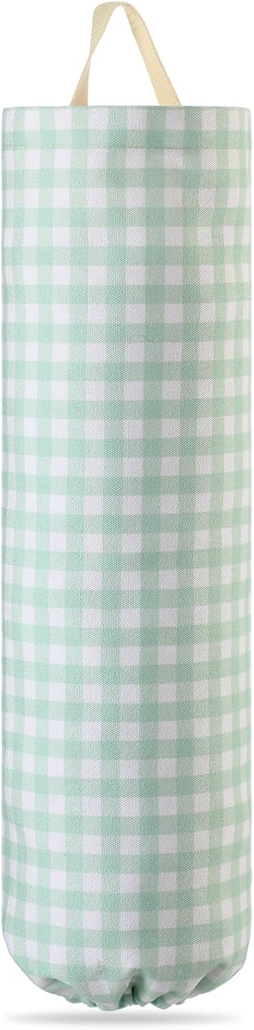 Gingham Plastic Bag Holder, Wall Mount Grocery Bag Storage Organizer, Hanging Buffalo Check Plaid Trash Bags Dispenser for Farmhouse Home Kitchen Pantry Laundry Room Decor(Milkshake Tan)