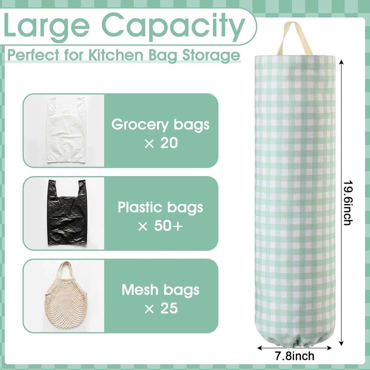 Gingham Plastic Bag Holder, Wall Mount Grocery Bag Storage Organizer, Hanging Buffalo Check Plaid Trash Bags Dispenser for Farmhouse Home Kitchen Pantry Laundry Room Decor(Milkshake Tan)