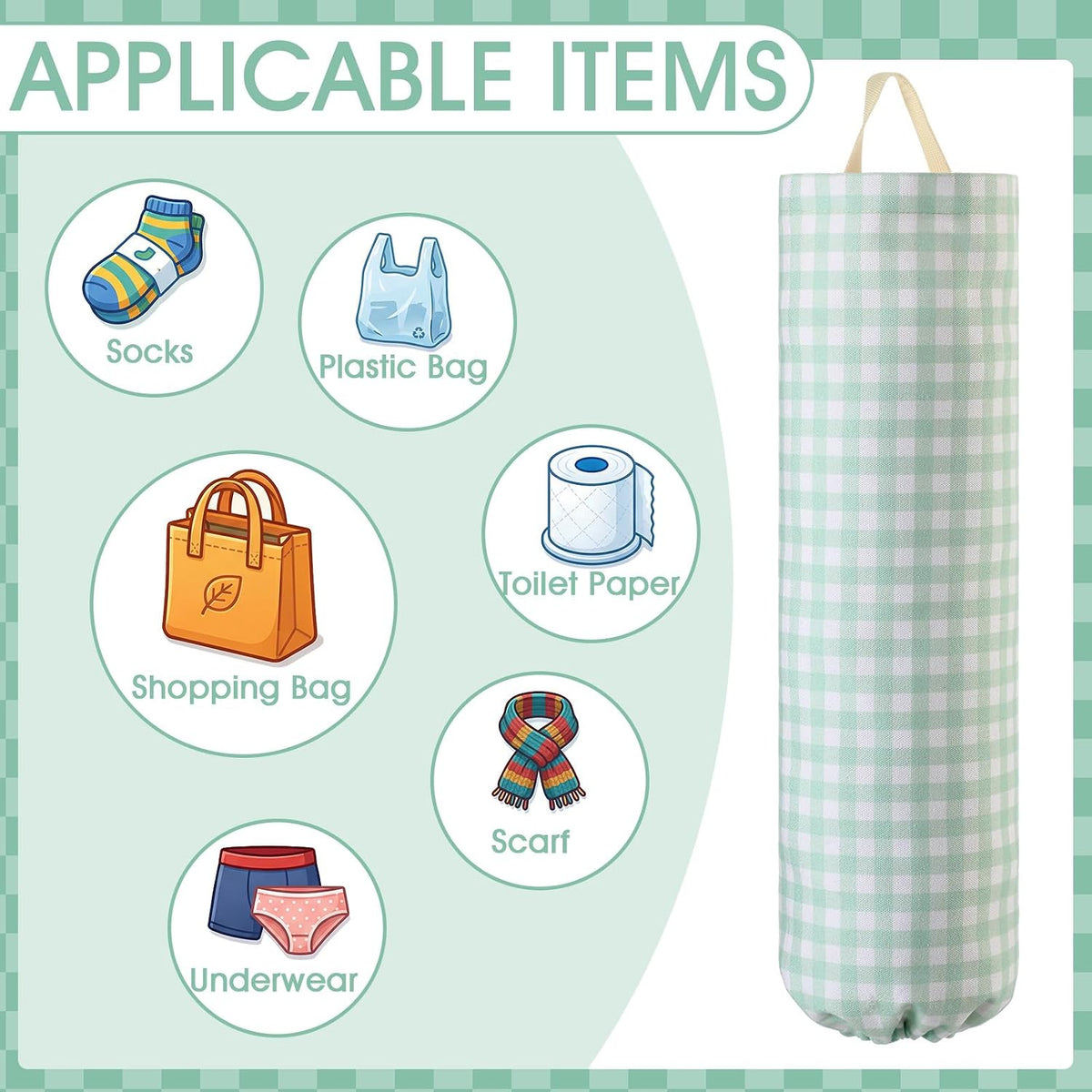Gingham Plastic Bag Holder, Wall Mount Grocery Bag Storage Organizer, Hanging Buffalo Check Plaid Trash Bags Dispenser for Farmhouse Home Kitchen Pantry Laundry Room Decor(Milkshake Tan)