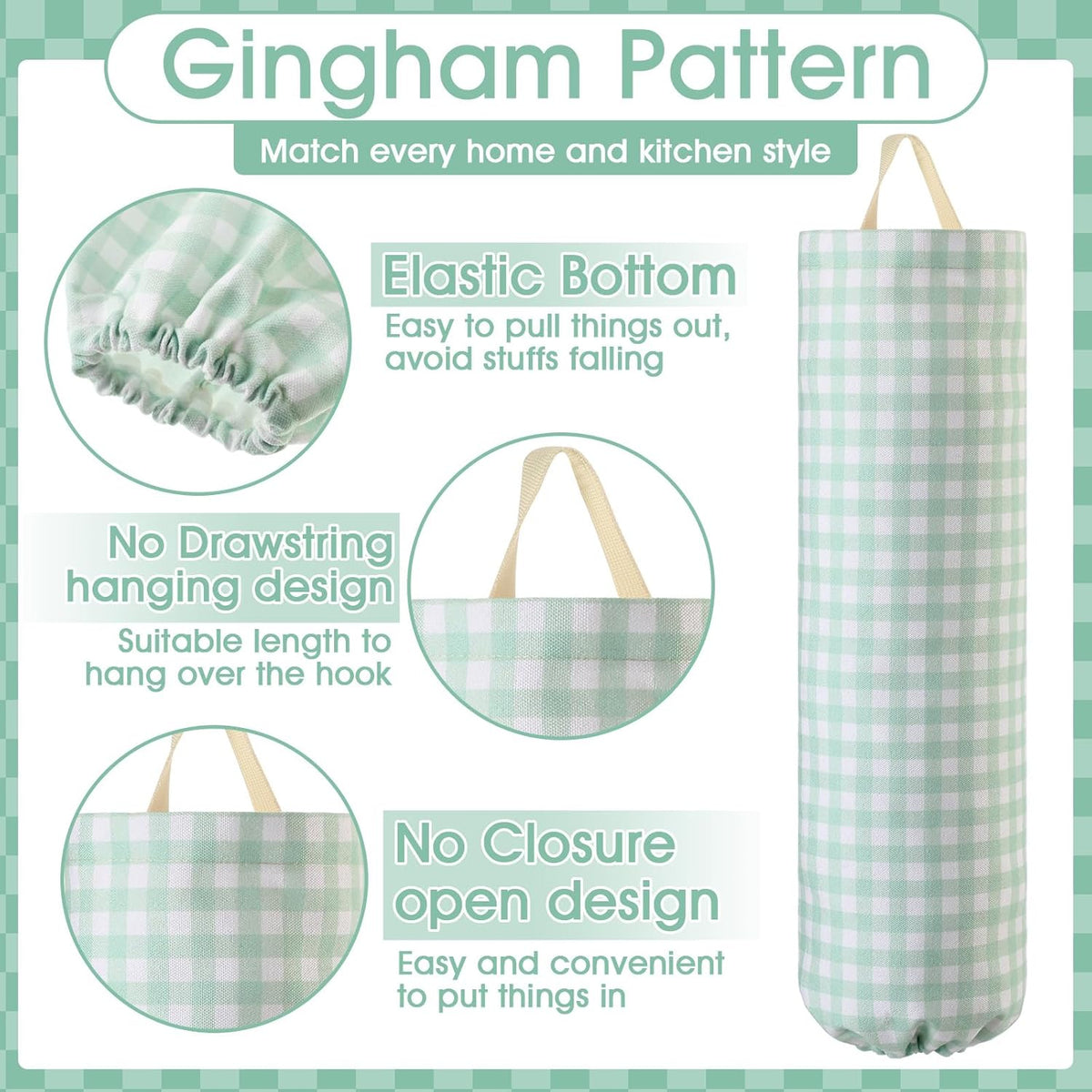 Gingham Plastic Bag Holder, Wall Mount Grocery Bag Storage Organizer, Hanging Buffalo Check Plaid Trash Bags Dispenser for Farmhouse Home Kitchen Pantry Laundry Room Decor(Milkshake Tan)