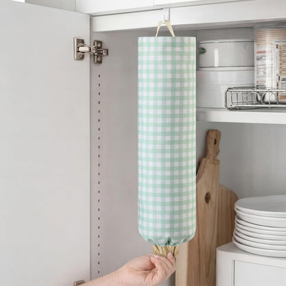 Gingham Plastic Bag Holder, Wall Mount Grocery Bag Storage Organizer, Hanging Buffalo Check Plaid Trash Bags Dispenser for Farmhouse Home Kitchen Pantry Laundry Room Decor(Milkshake Tan)