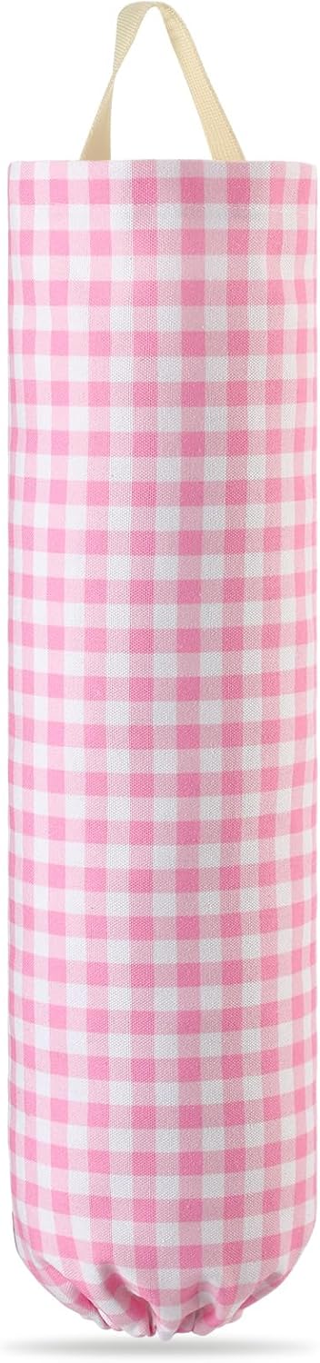 Gingham Plastic Bag Holder, Wall Mount Grocery Bag Storage Organizer, Hanging Buffalo Check Plaid Trash Bags Dispenser for Farmhouse Home Kitchen Pantry Laundry Room Decor(Milkshake Tan)