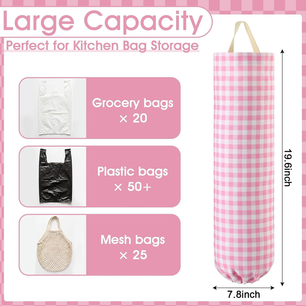 Gingham Plastic Bag Holder, Wall Mount Grocery Bag Storage Organizer, Hanging Buffalo Check Plaid Trash Bags Dispenser for Farmhouse Home Kitchen Pantry Laundry Room Decor(Milkshake Tan)