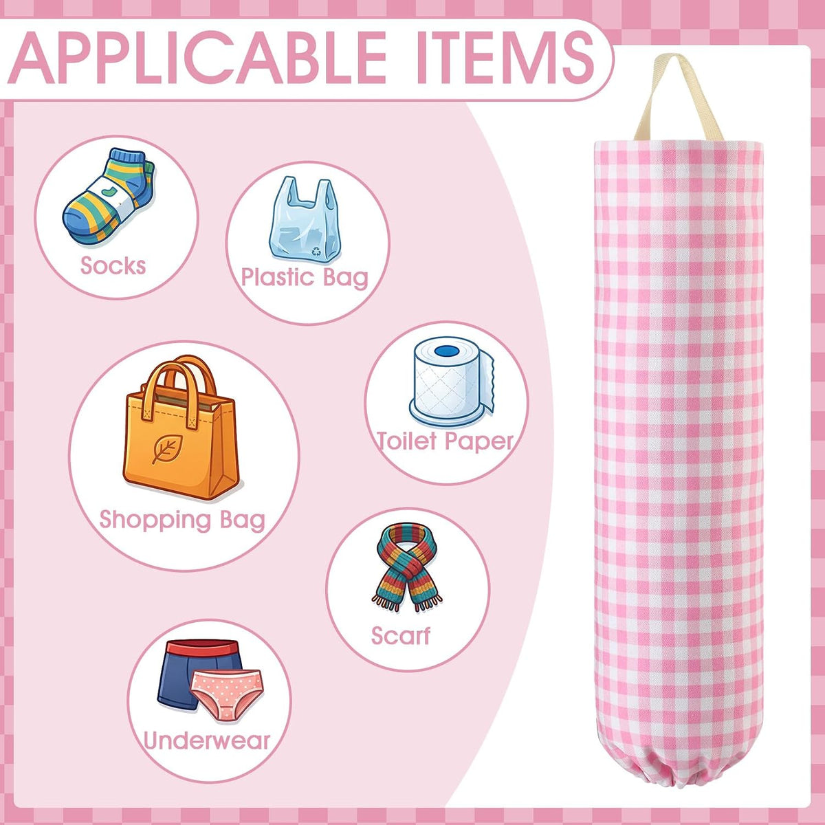Gingham Plastic Bag Holder, Wall Mount Grocery Bag Storage Organizer, Hanging Buffalo Check Plaid Trash Bags Dispenser for Farmhouse Home Kitchen Pantry Laundry Room Decor(Milkshake Tan)
