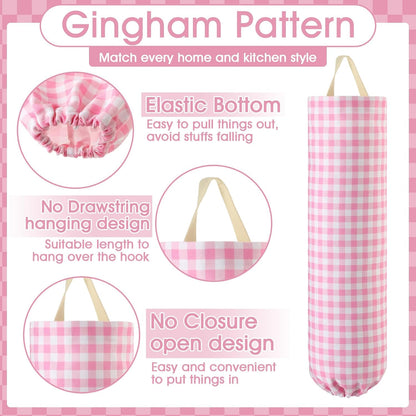 Gingham Plastic Bag Holder, Wall Mount Grocery Bag Storage Organizer, Hanging Buffalo Check Plaid Trash Bags Dispenser for Farmhouse Home Kitchen Pantry Laundry Room Decor(Milkshake Tan)