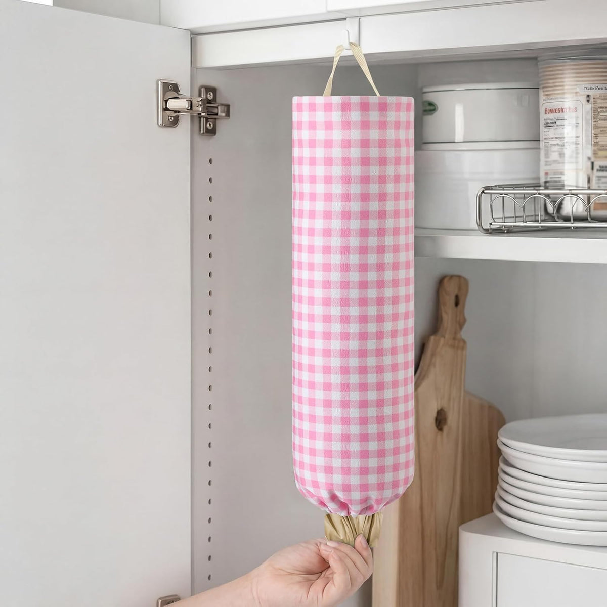 Gingham Plastic Bag Holder, Wall Mount Grocery Bag Storage Organizer, Hanging Buffalo Check Plaid Trash Bags Dispenser for Farmhouse Home Kitchen Pantry Laundry Room Decor(Milkshake Tan)